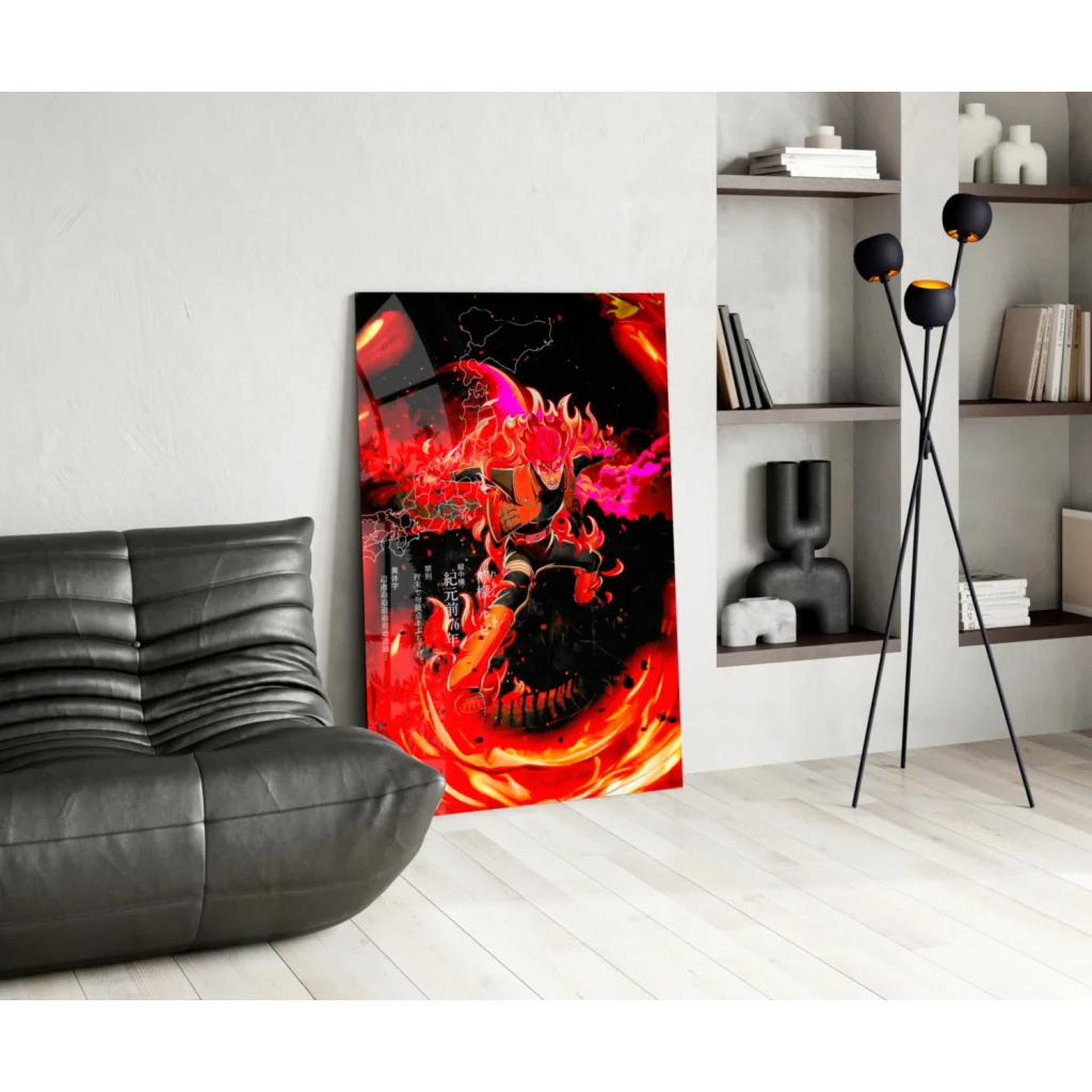 Vibrant red black anime fiery character poster wall art print
