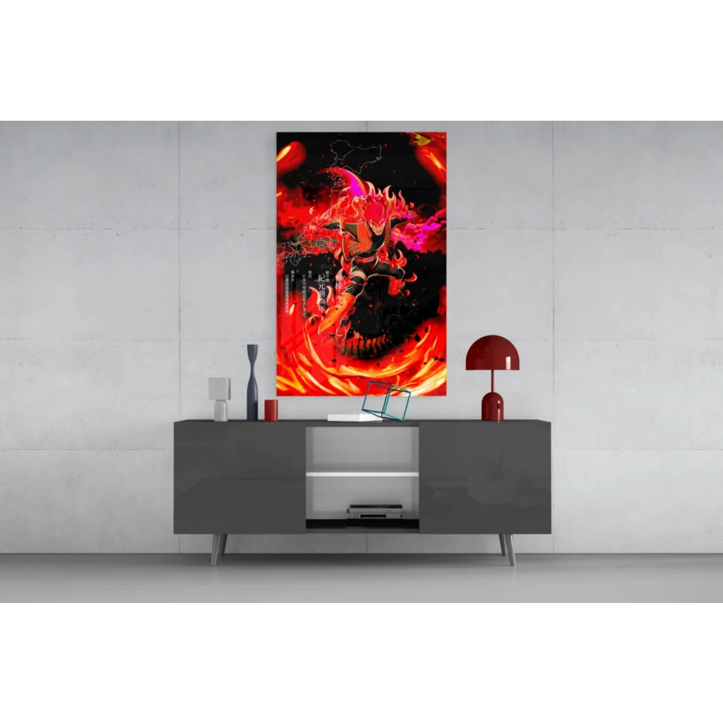 Vibrant fiery anime character on red orange canvas wall art print