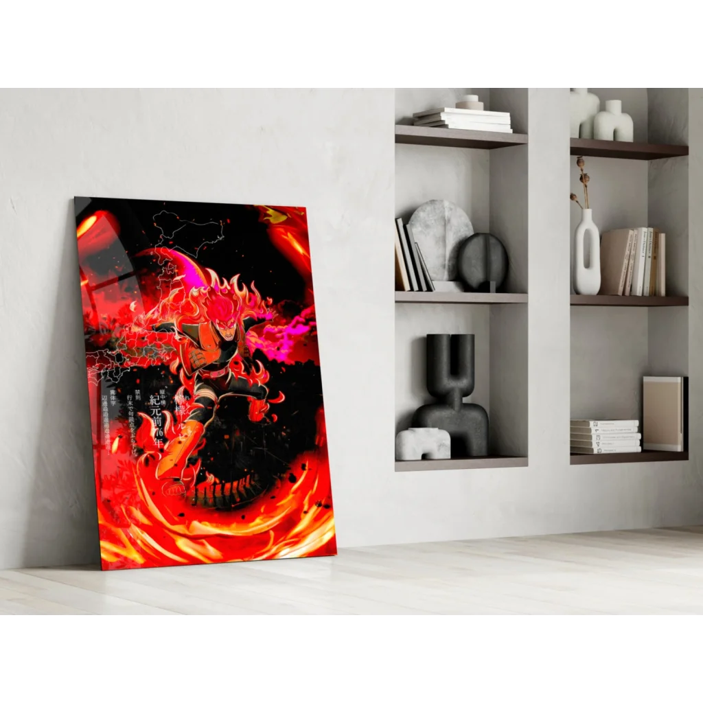 Fiery anime character wall art print with vibrant red orange poster and pink hair on white wall