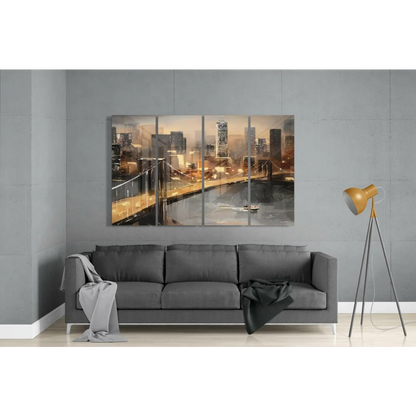 Glowing City Bridge Canvas Wall Art in Warm Amber Tones | Modern Wall Art Decor | vintageantiquesgifts.com