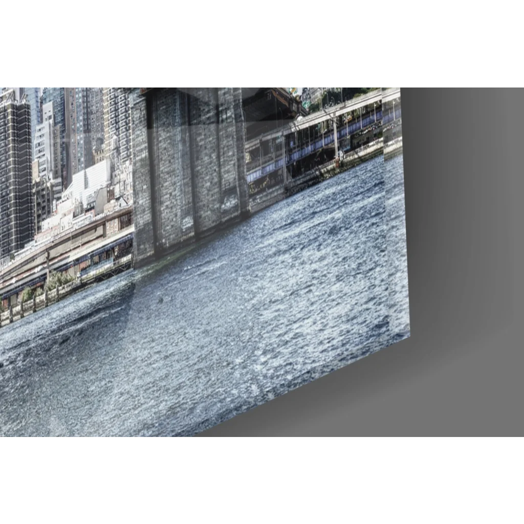 Sleek angled glass wall art of Brooklyn Bridge Manhattan skyline in black and white