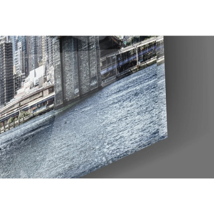 Sleek angled glass wall art of Brooklyn Bridge Manhattan skyline in black and white