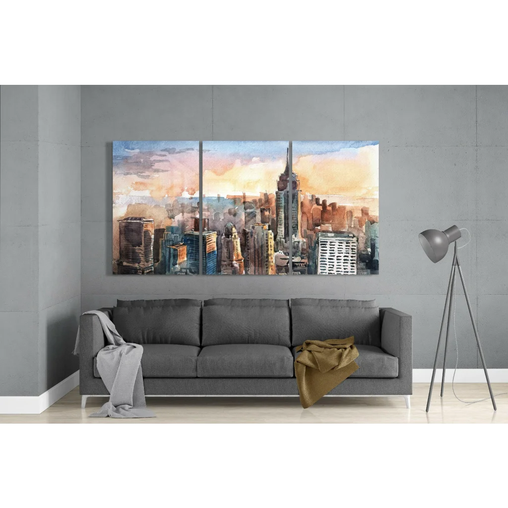 Empire State Building sunset watercolor triptych glass wall art
