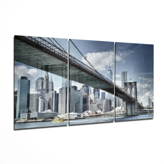 Brooklyn Bridge panoramic wall art canvas print in blue gray tones
