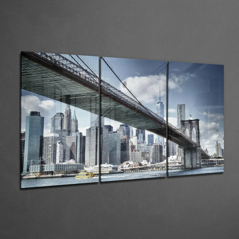 Panoramic Brooklyn Bridge wall art canvas in blue-gray tones