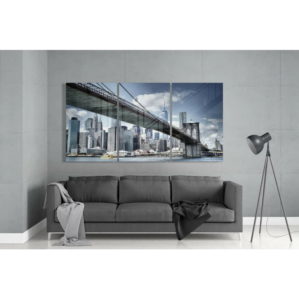 Brooklyn Bridge panoramic wall art canvas print in blue gray tones