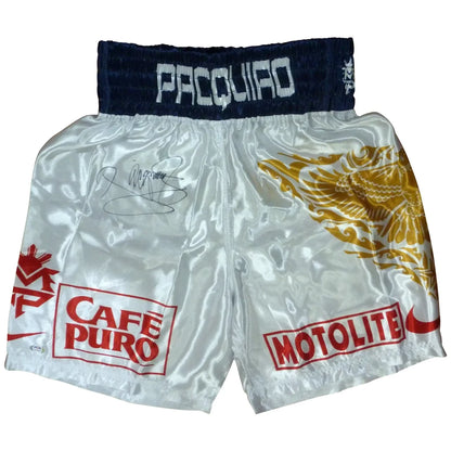 Manny Pacquiao autographed white Team Pacquiao boxing trunks with eagle graphics