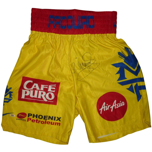 Manny Pacquiao autographed Philippines yellow boxing trunks with logos