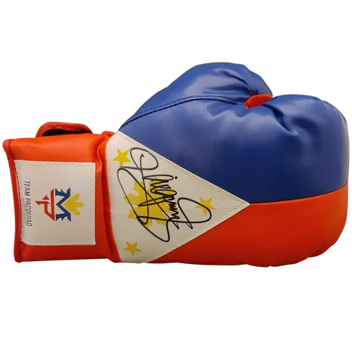 Blue and orange boxing glove with white panel autographed by manny pacquiao featuring stars and team philippines logo