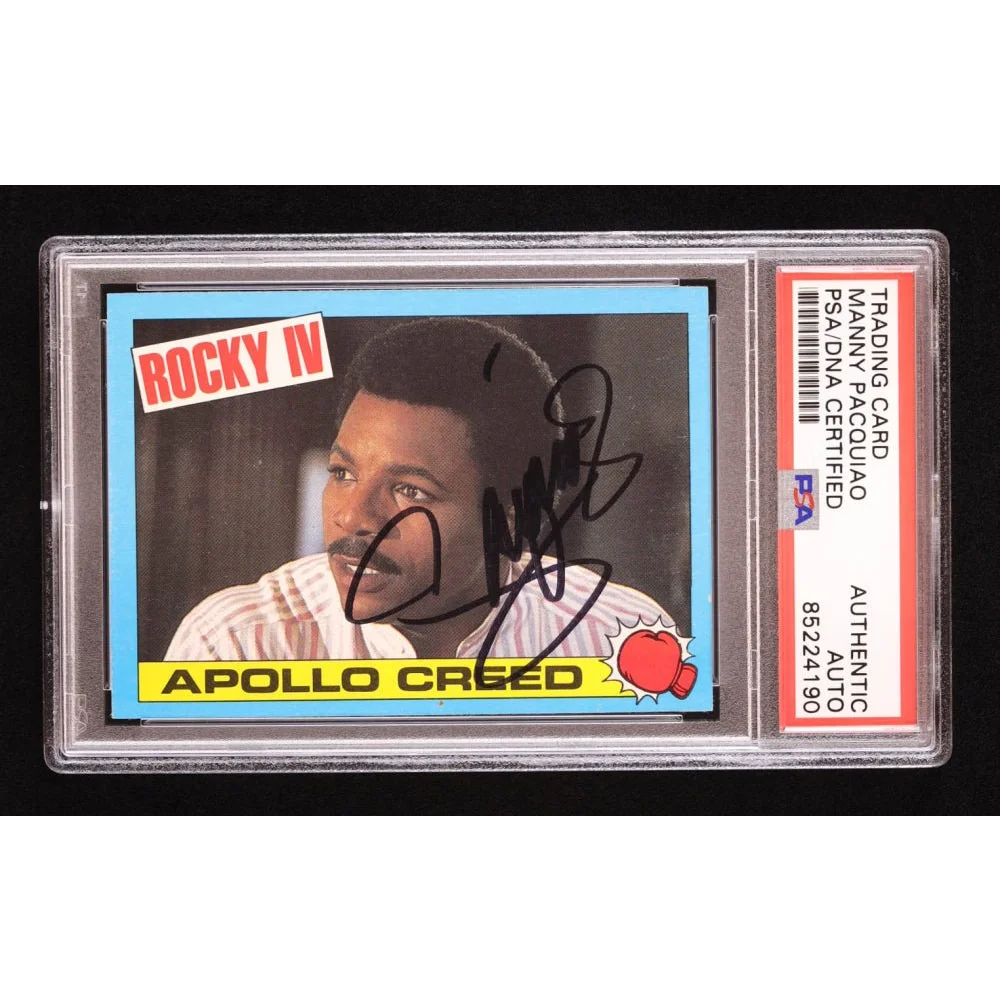 Manny Pacquiao signed Rocky IV Apollo Creed trading card with PSA grade, autographed collectible