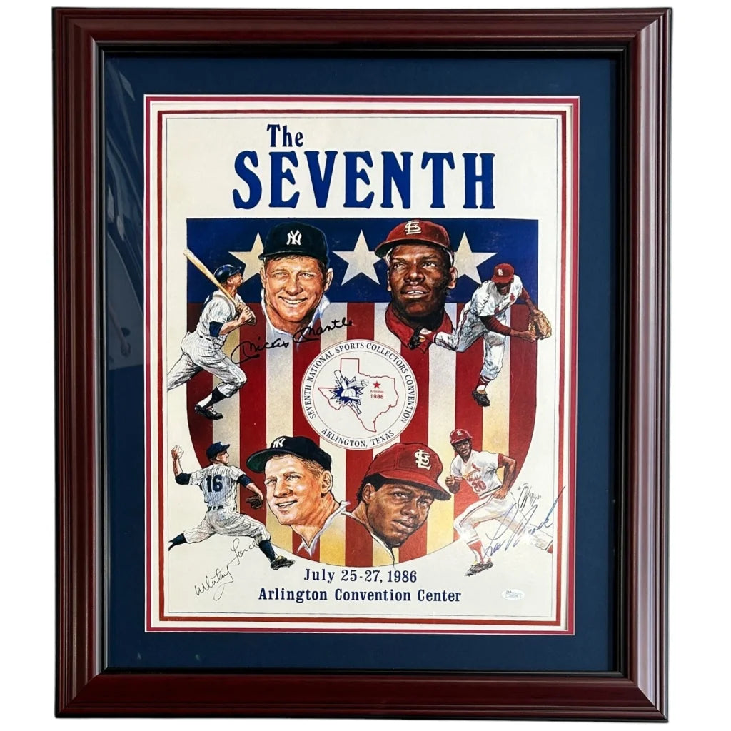 Deluxe framed 1986 seventh event autographed baseball lithograph with Mantle Ford Gibson Brock signatures