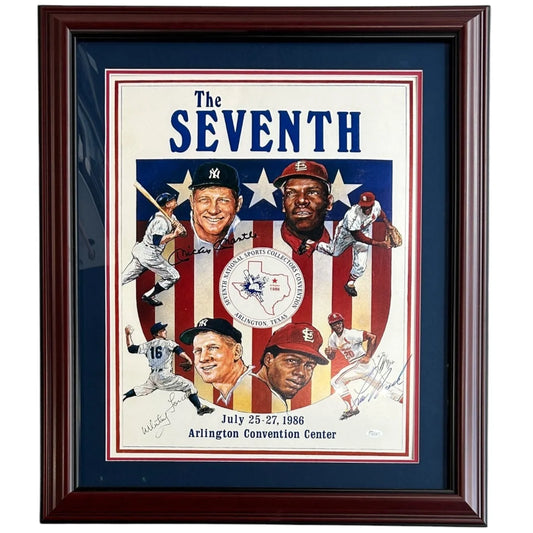 Deluxe framed 1986 seventh event autographed baseball lithograph with Mantle Ford Gibson Brock signatures