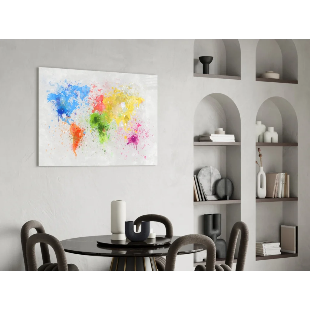 Vibrant abstract world map glass wall art with colorful watercolor splashes