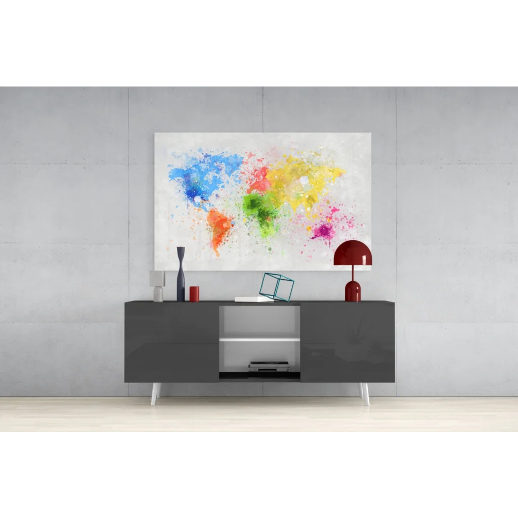 Vibrant abstract watercolor world map glass wall art in colorful splashes
