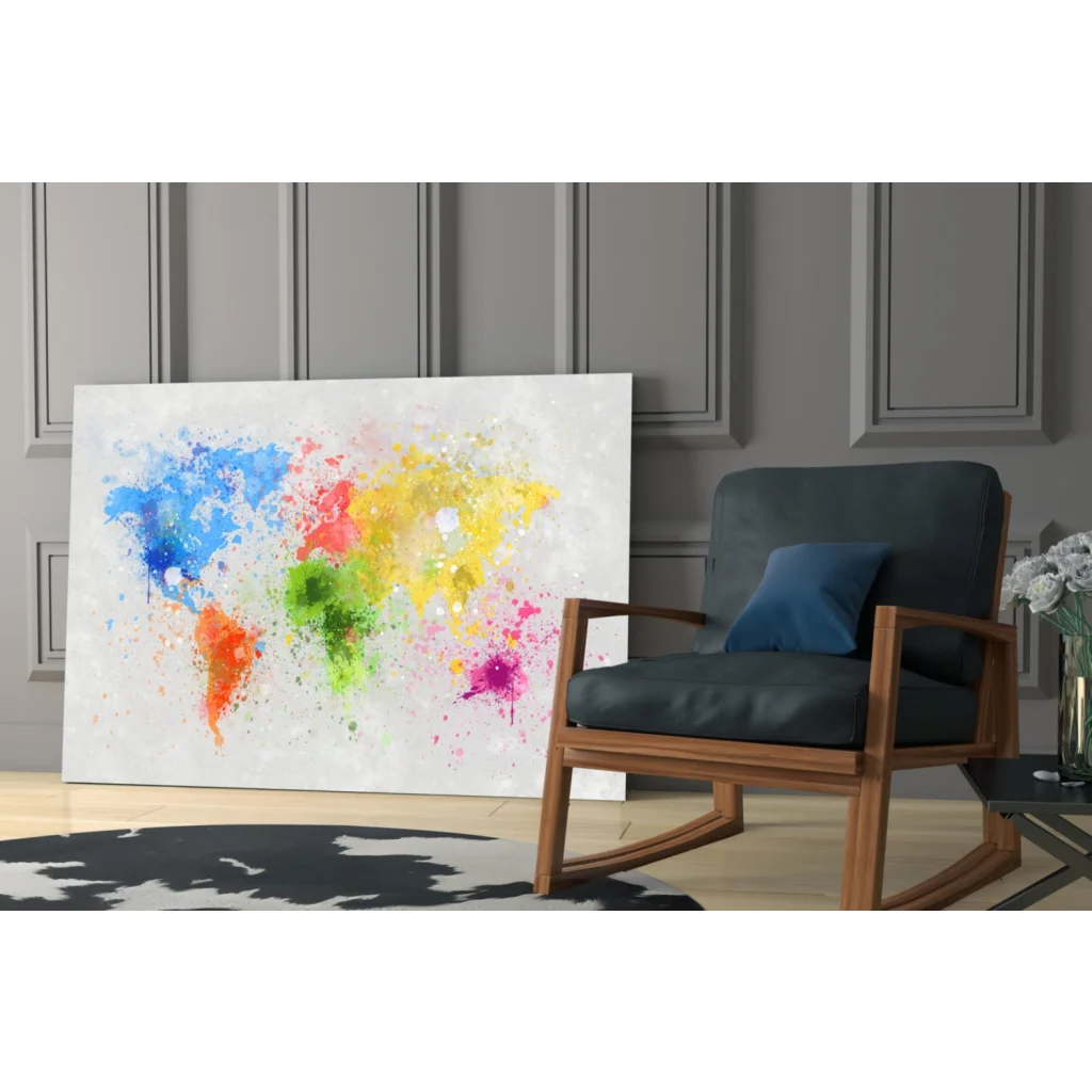 Vibrant abstract watercolor world map glass wall art in bold colors