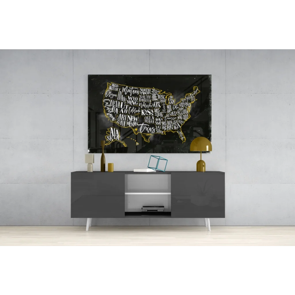 Golden USA map canvas wall art with gold foil state names