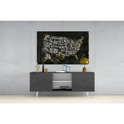 Golden USA map canvas wall art with gold foil state names