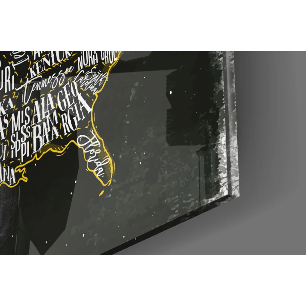 Black and gold USA map wall art with cursive foil state names