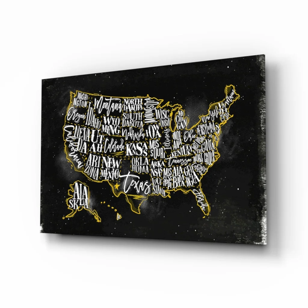 Golden USA map wall art on black canvas with gold foil state names