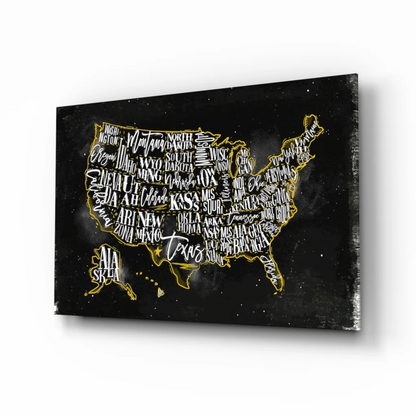 Golden USA map wall art on black canvas with gold foil state names