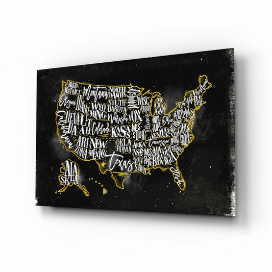 Golden USA map wall art on black canvas with gold foil state names