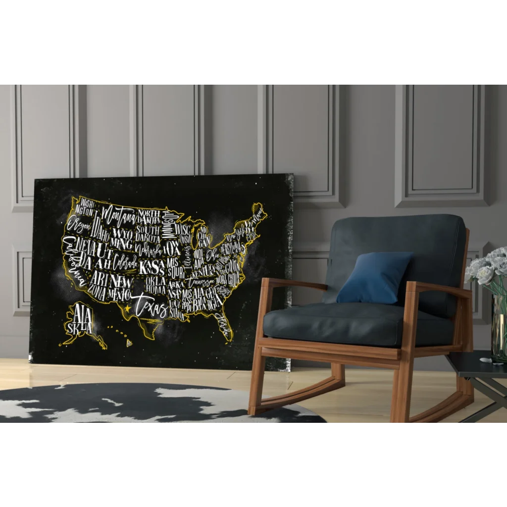 Golden USA map canvas wall art with gold foil state names