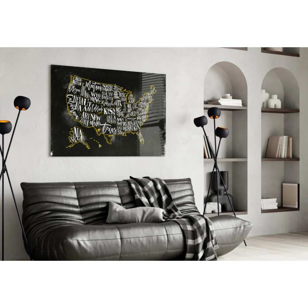 Golden USA map canvas wall art with gold foil state names