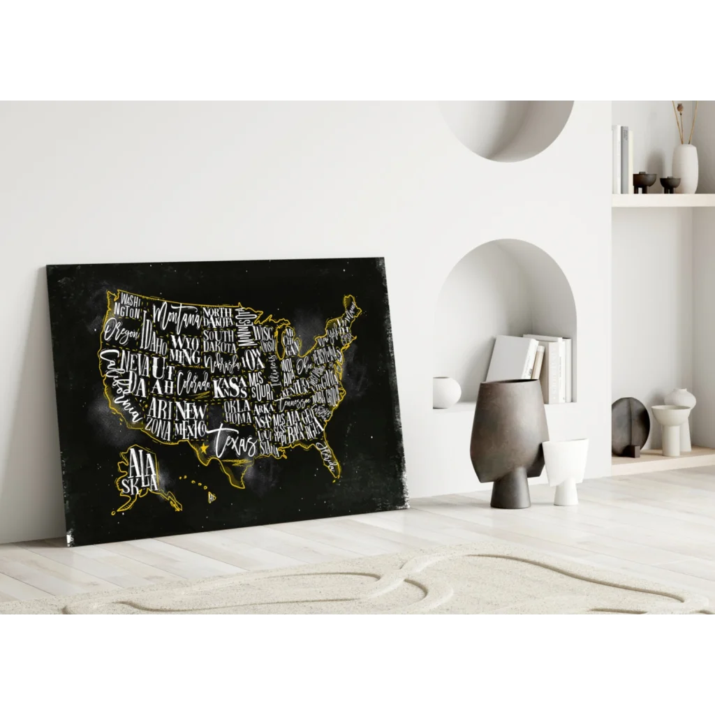 Golden USA map canvas wall art with gold foil state names on black background