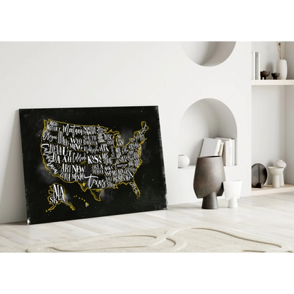 Golden USA map canvas wall art with gold foil state names on black background