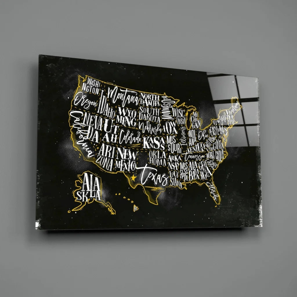 Golden USA map wall art on black canvas with gold foil state names