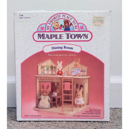 Rare 1986 Maple Town Toy dining room set with pink accents and rabbit decor