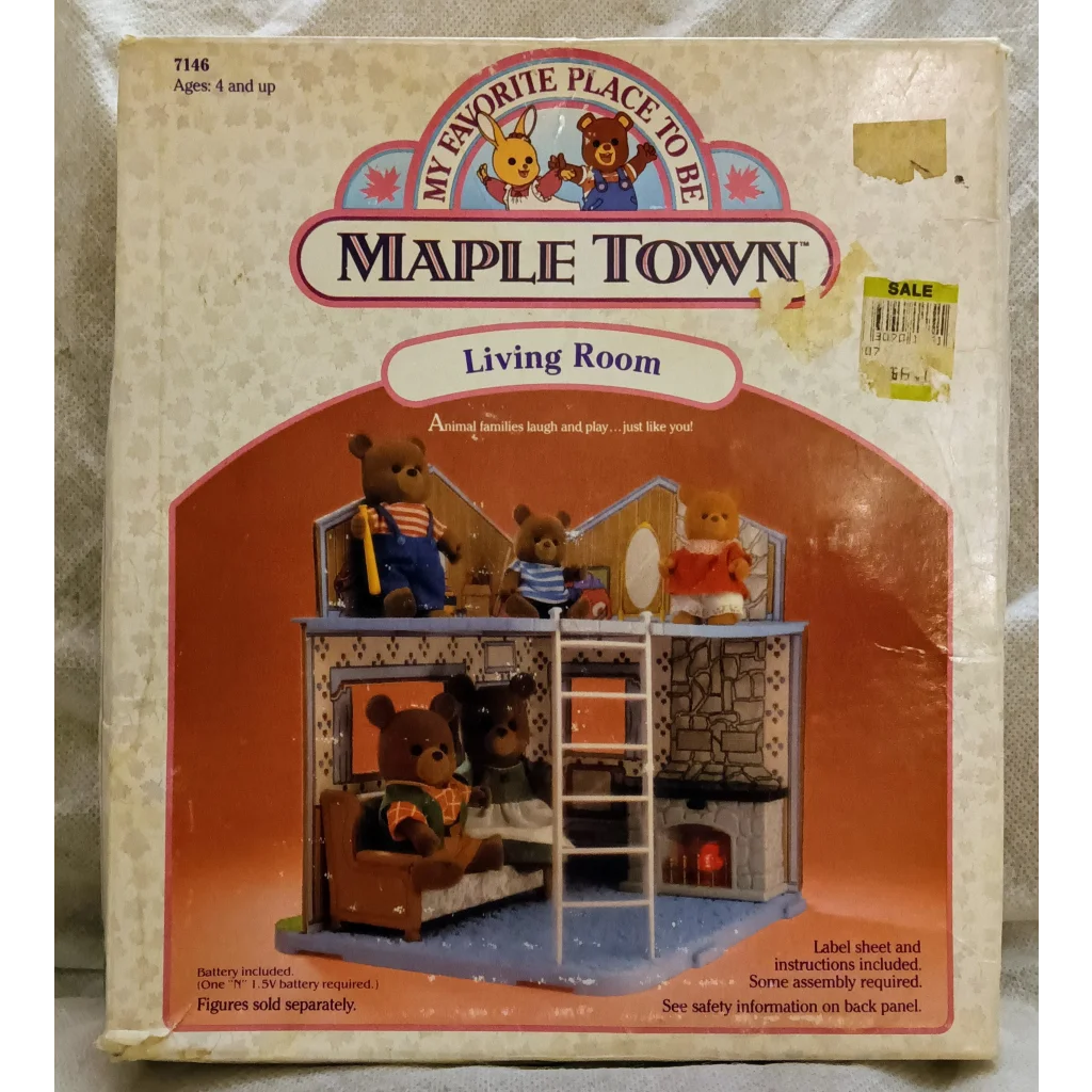 Vintage 1986 Maple Town toy living room set with wooden furniture and plush bears