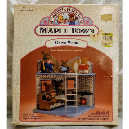 Vintage 1986 Maple Town toy living room set with wooden furniture and plush bears