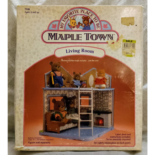 Vintage 1986 Maple Town toy living room set with wooden furniture and plush bears