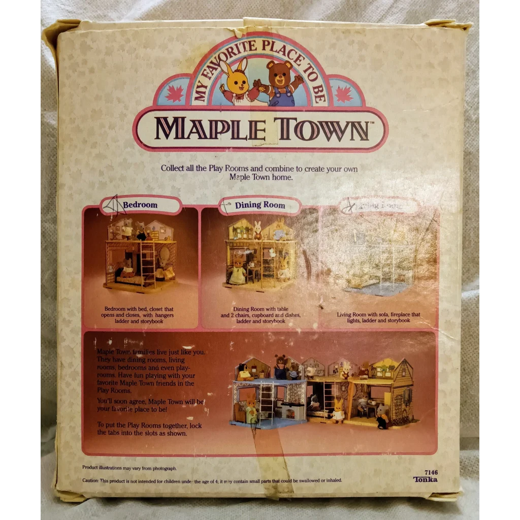 Vintage 1986 Maple Town toy living room dollhouse set with wooden furniture