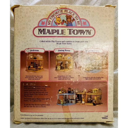Vintage 1986 Maple Town toy living room dollhouse set with wooden furniture