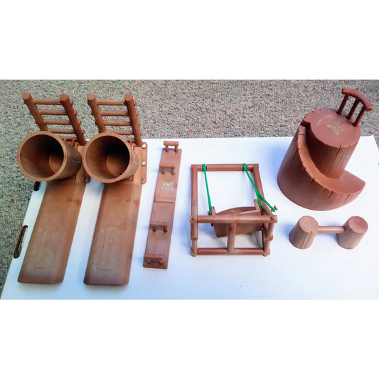 Vintage Maple Town toy set with terracotta clay pottery and wheelbarrow