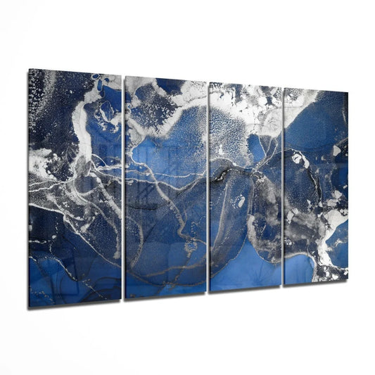 Stunning blue white metallic glass wall art four panel set