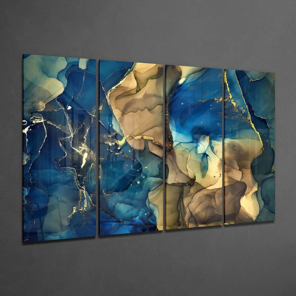 Stunning blue gold marble glass wall art panel set with fluid abstract design