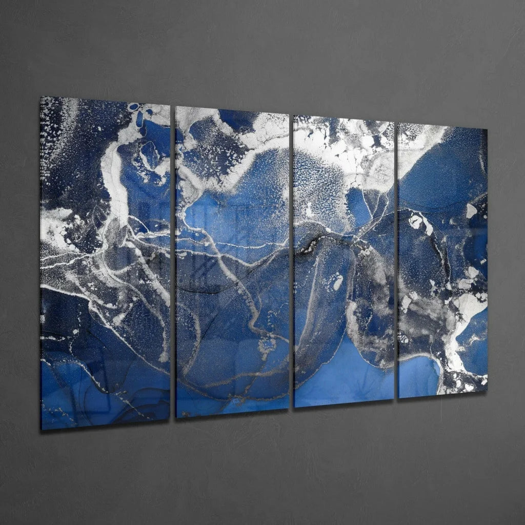 Stunning blue white metallic glass wall art four panel set