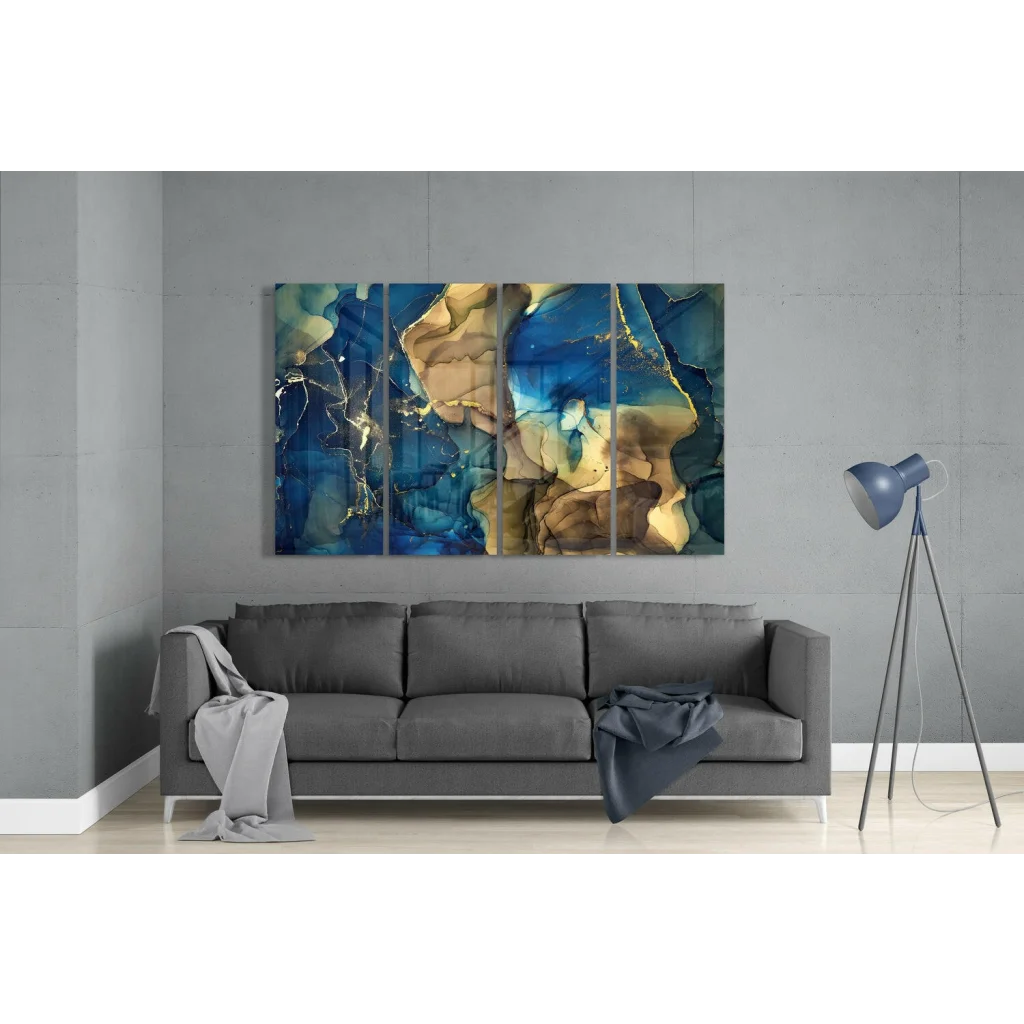 Stunning blue gold marble glass wall art panel set, 3-panel canvas