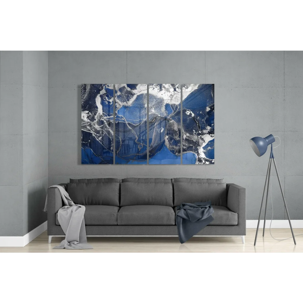 Stunning blue white metallic glass wall art four panel set with marbled texture above sofa