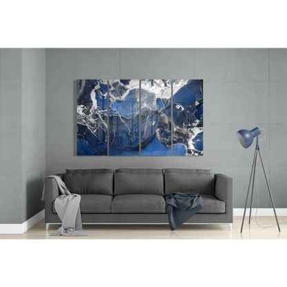 Stunning blue white metallic glass wall art four panel set with marbled texture above sofa