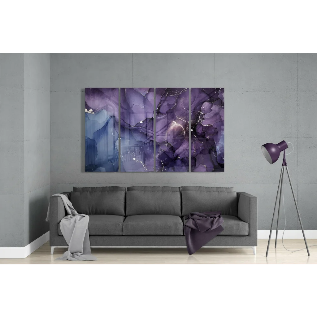 Stunning purple blue marbled glass wall art triptych set