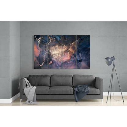 Cosmic swirl wall art triptych in deep blue, purple, gold hues