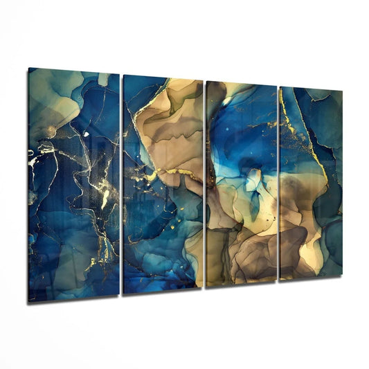 Stunning blue gold marble glass wall art panel set with flowing patterns
