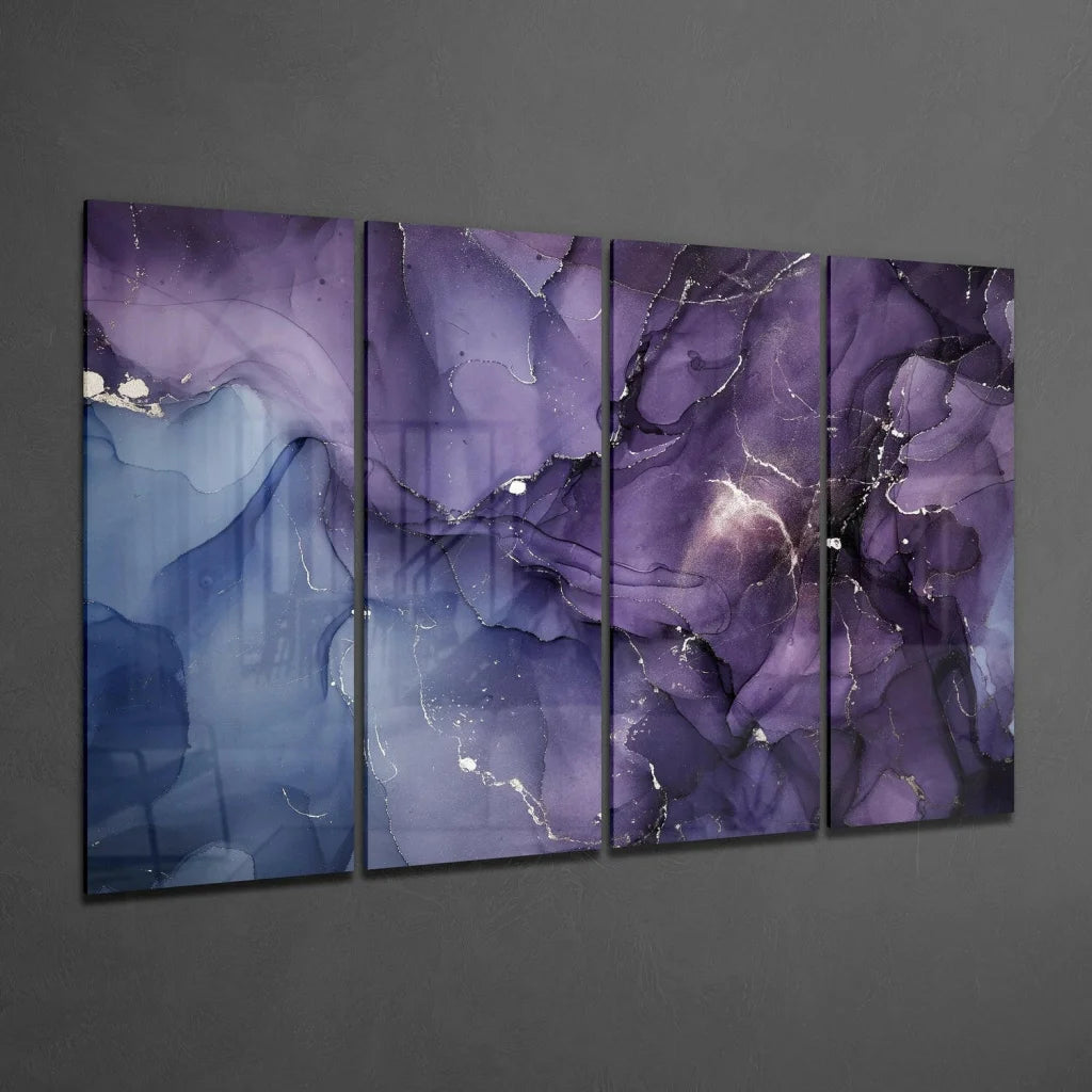 Stunning purple blue marbled glass wall art triptych set with gold veining