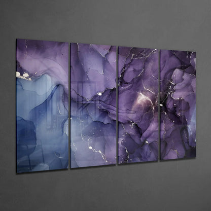 Stunning purple blue marbled glass wall art triptych set with gold veining
