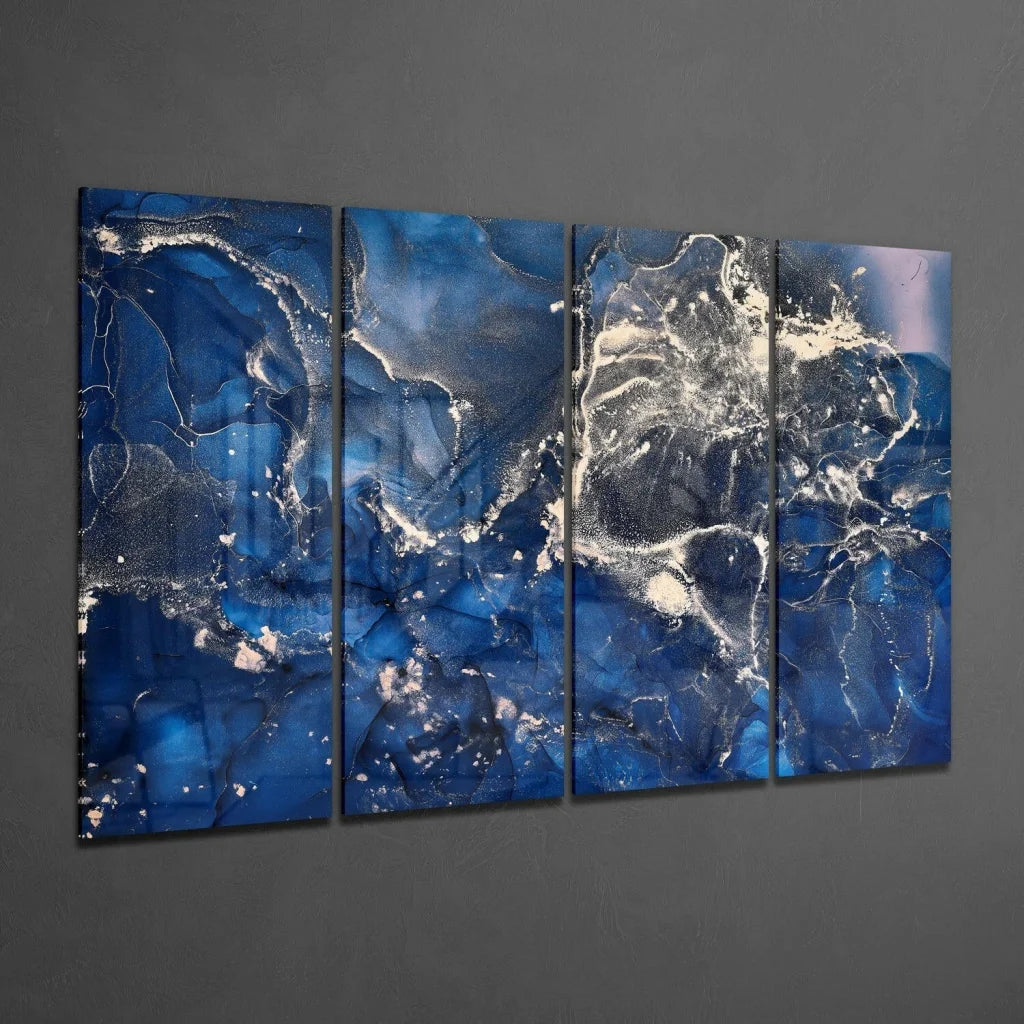 Stunning Blue Abstract Glass Wall Art Four Panel Set | Glass Wall Art Print | vintageantiquesgifts.com