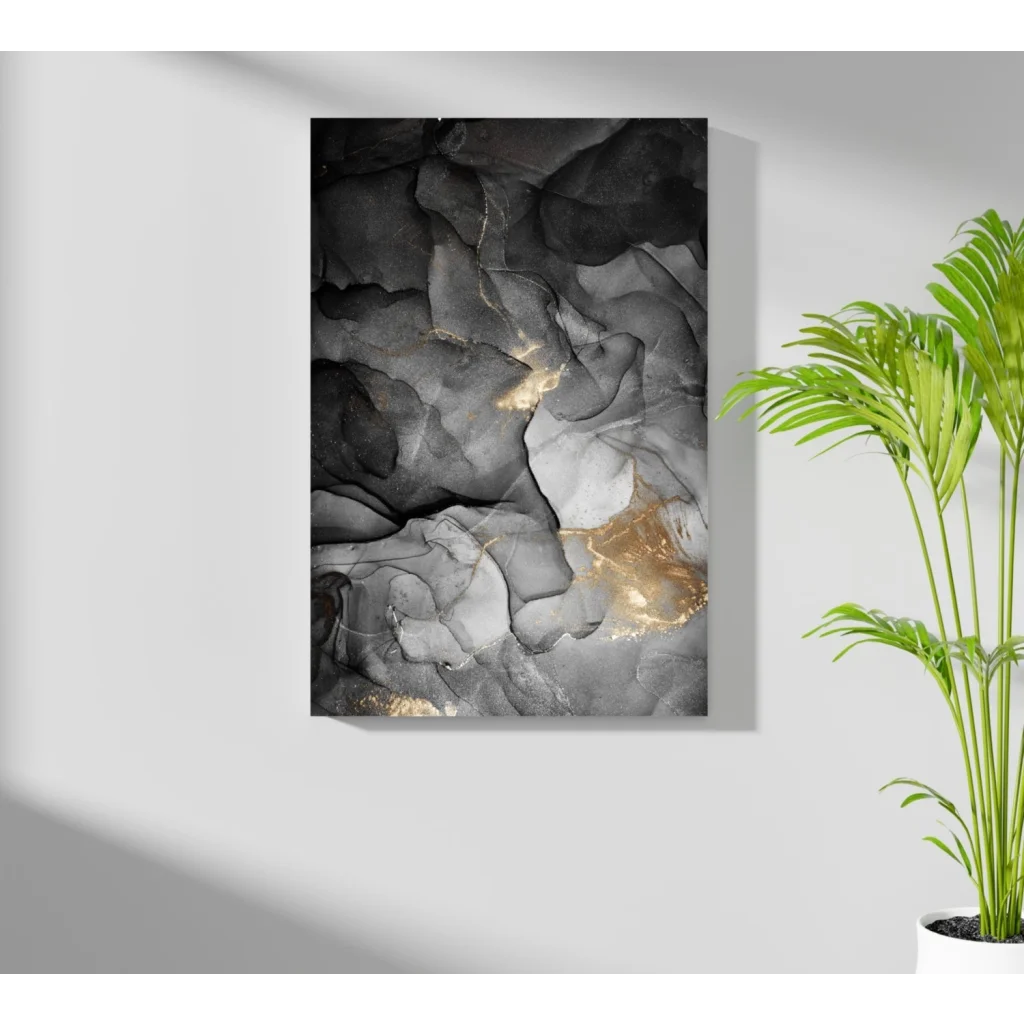 Black and gold abstract insigne aluminum prints with fluid marble patterns